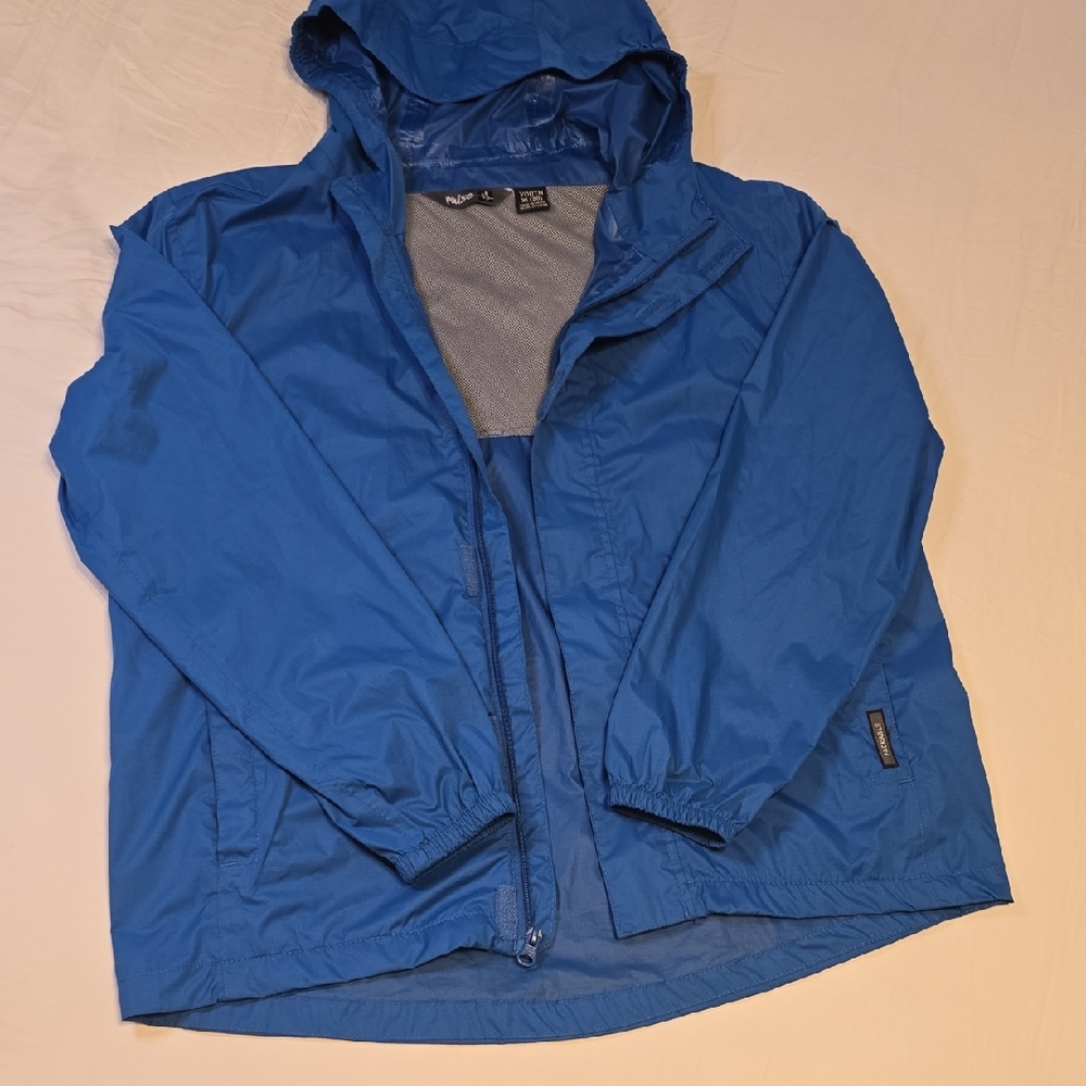 Pulse Youth XL 20 Packable Windbreaker Jacket Blue Hooded Full Zip Mesh Lined